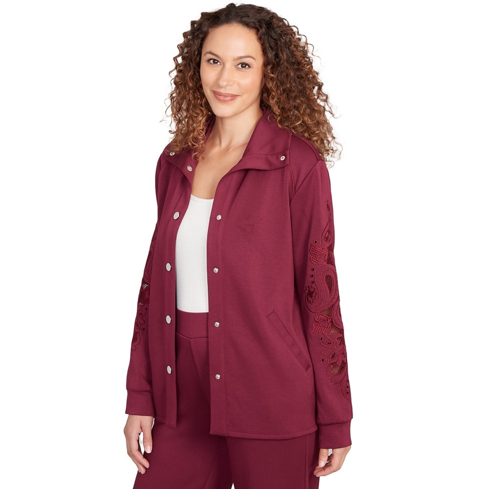 Ruby Rd. Women's Burgundy Jacket and Pants with Lace embroidery